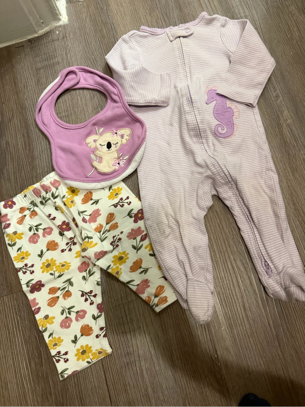 Lilac Striped Seahorse Footed Sleeper, with Floral Leggings, & Pink Bib- 6-9M